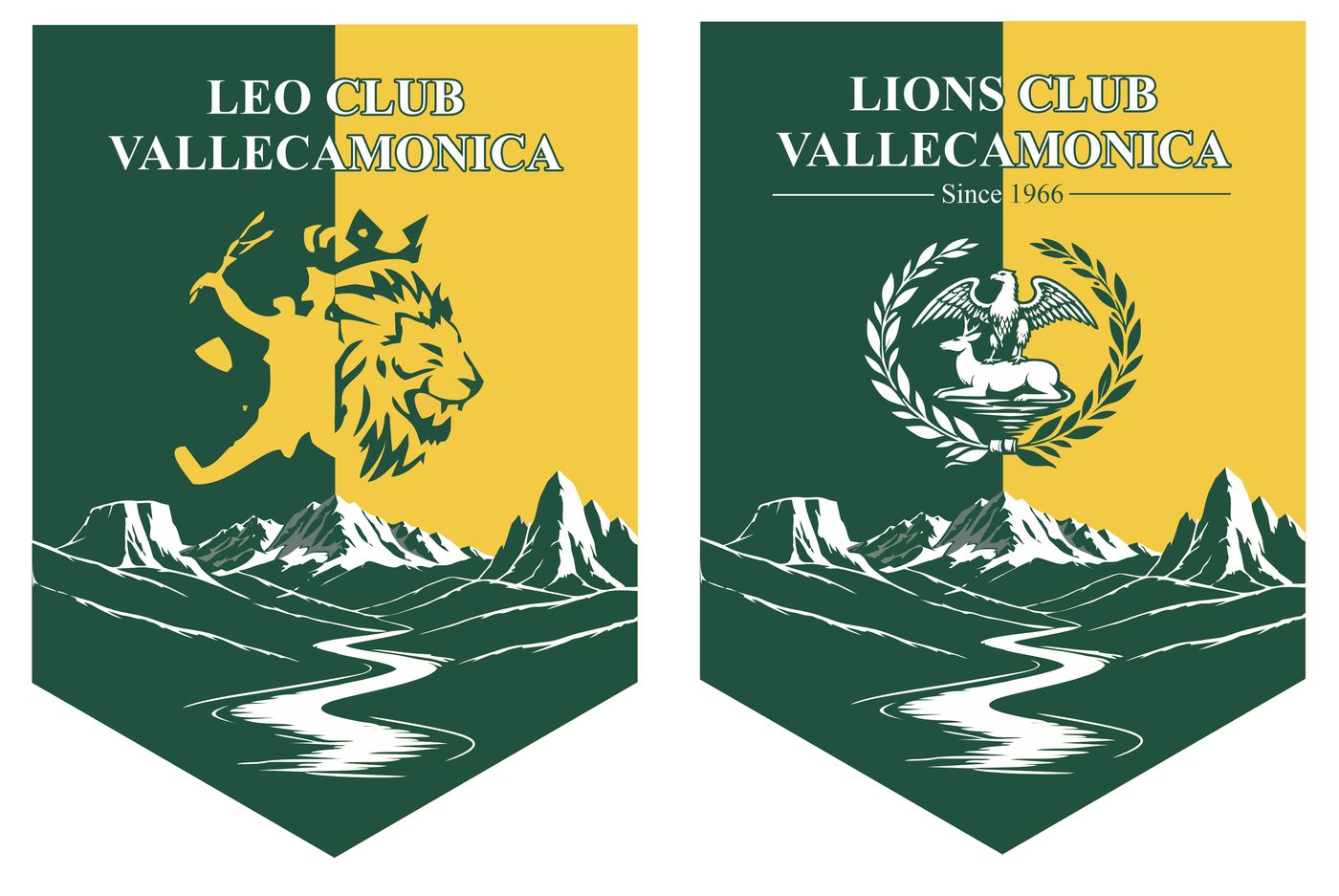 I guidoncini del Lions Club e del Leo Club Vallecamonica, verdi e gialli con le montagne