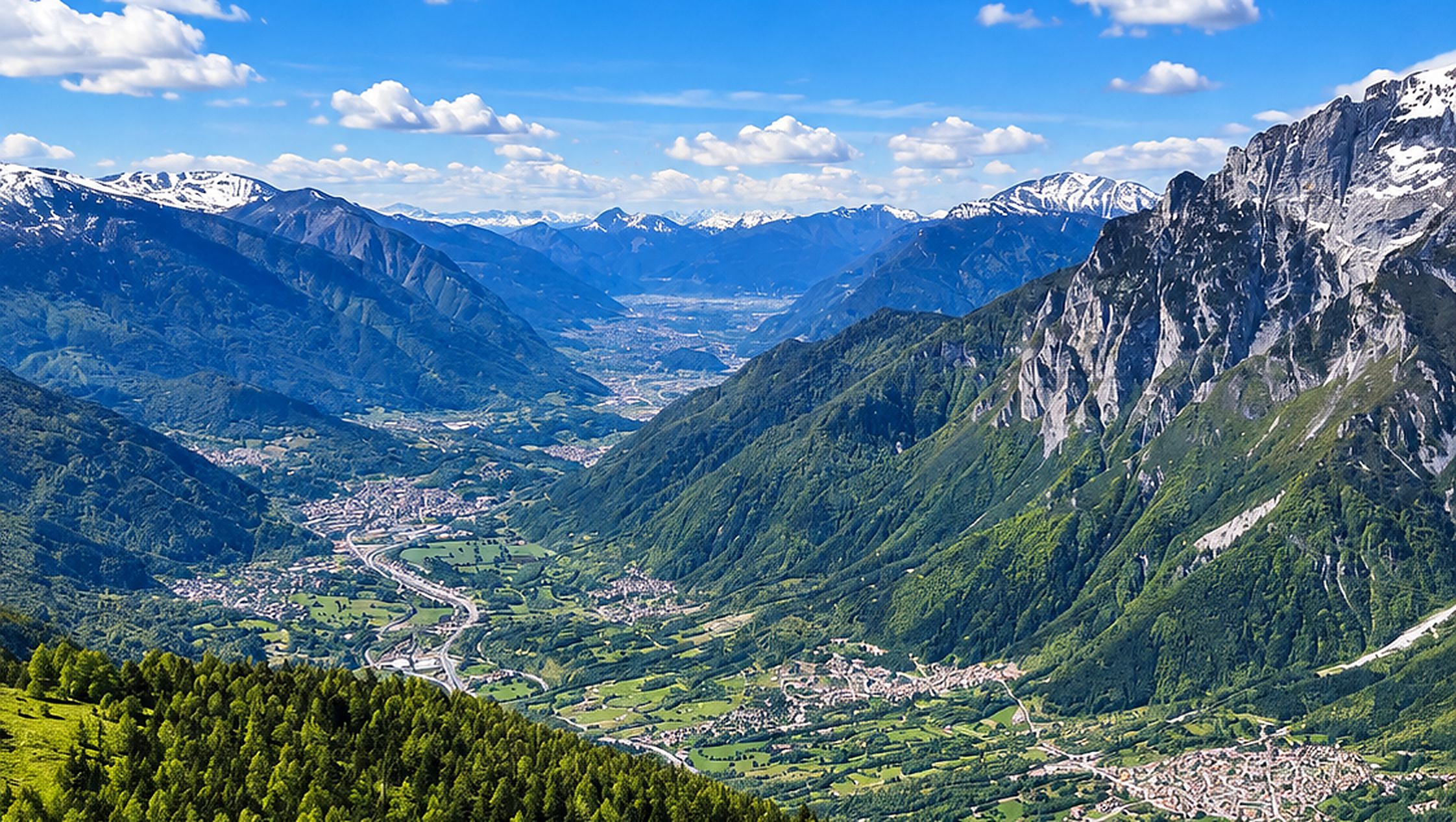 La Valle Camonica vista dall'alto, con i paesi sul fondovalle e le montagne innevate